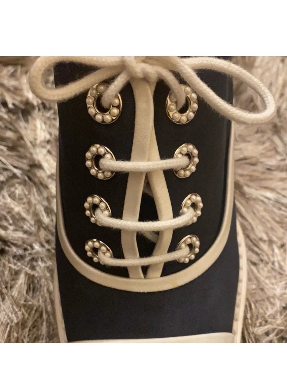 CHANEL Navy Blue Lace-Up Espadrille Wedge Sneakers with White Trim and Pearls